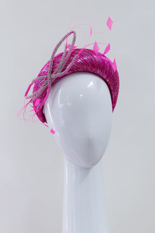 Silver Flecked Hot Pink Crown with Diamante Trim by Felicity Northeast Millinery