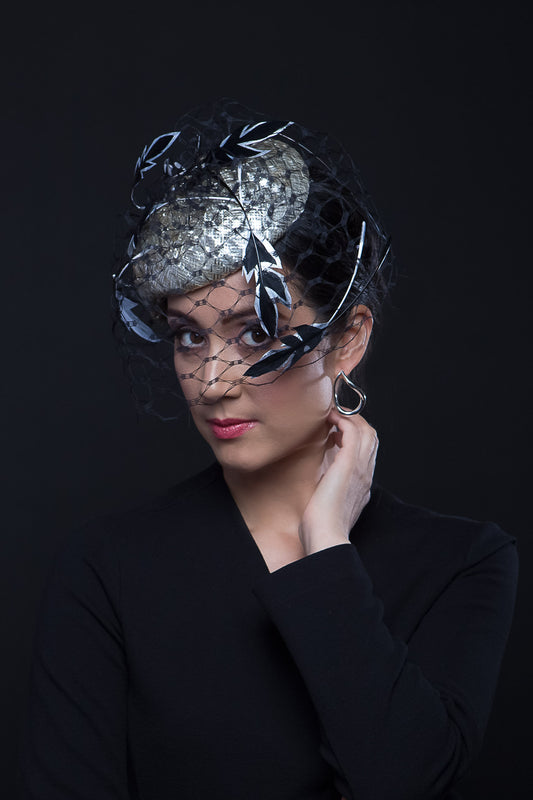 Silver Teardrop Beret with Feather Trimmed Veiling By Felicity Northeast Millinery