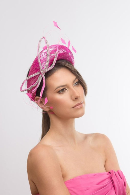 Silver Flecked Hot Pink Crown with Diamante Trim by Felicity Northeast Millinery