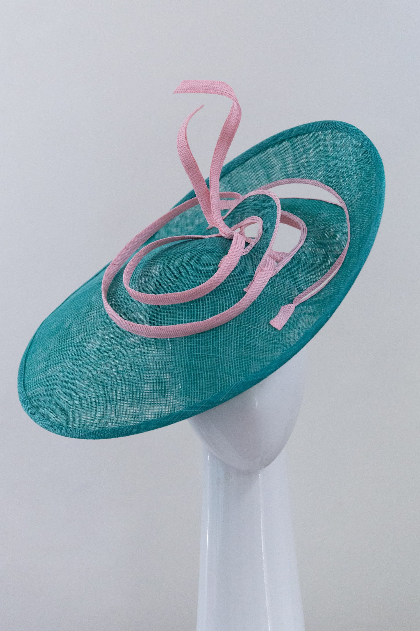 Sweeping Side Perforated Platter Hat in Green and Baby Pink by Felicity Northeast Millinery