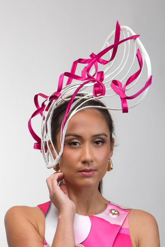Sweeping White Braid Platter with Hot Pink Bows by Felicity Northeast Millinery