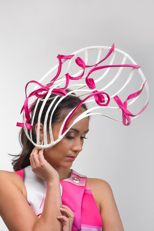 Sweeping White Braid Platter with Hot Pink Bows by Felicity Northeast Millinery