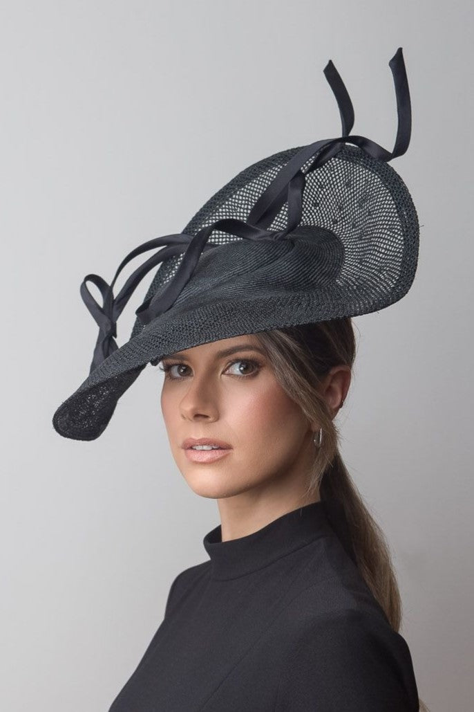 Sweeping Black  Platter with silk swirl by Felicity Northeast Millinery