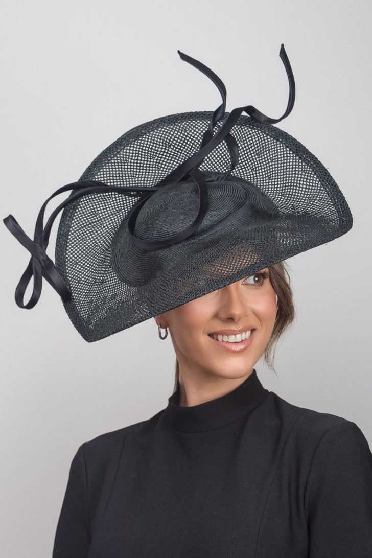 Sweeping Black  Platter with silk swirl by Felicity Northeast Millinery