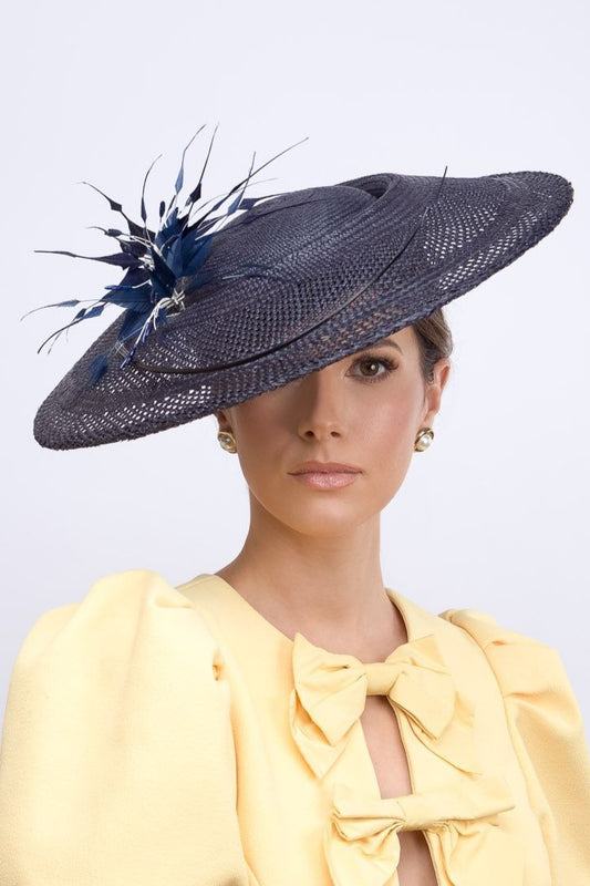 Sweeping Navy Platter with Feather Flowers by Felicity Northeast Millinery