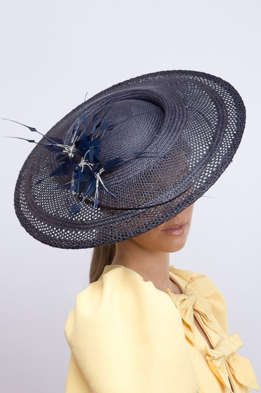 Sweeping Navy Platter with Feather Flowers by Felicity Northeast Millinery