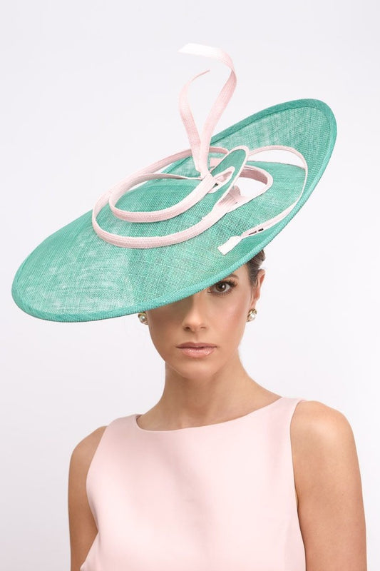 Sweeping Side Perforated Platter Hat in Green  and Baby Pink by Felicity Northeast Millinery