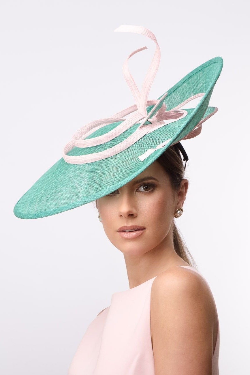 Sweeping Side Perforated Platter Hat in Green  and Baby Pink by Felicity Northeast Millinery