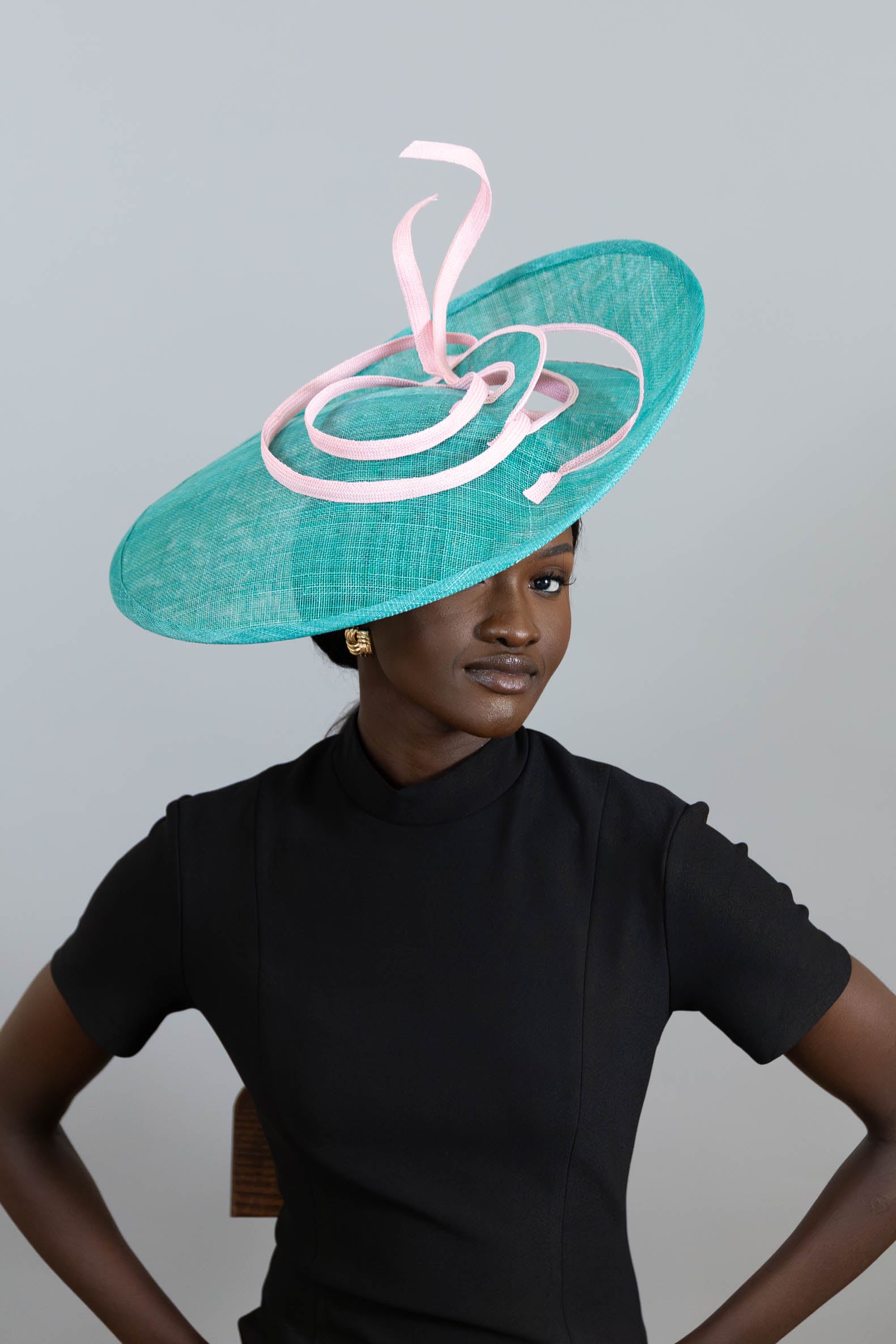 Sweeping Side Perforated Platter Hat in Green  and Baby Pink by Felicity Northeast Millinery