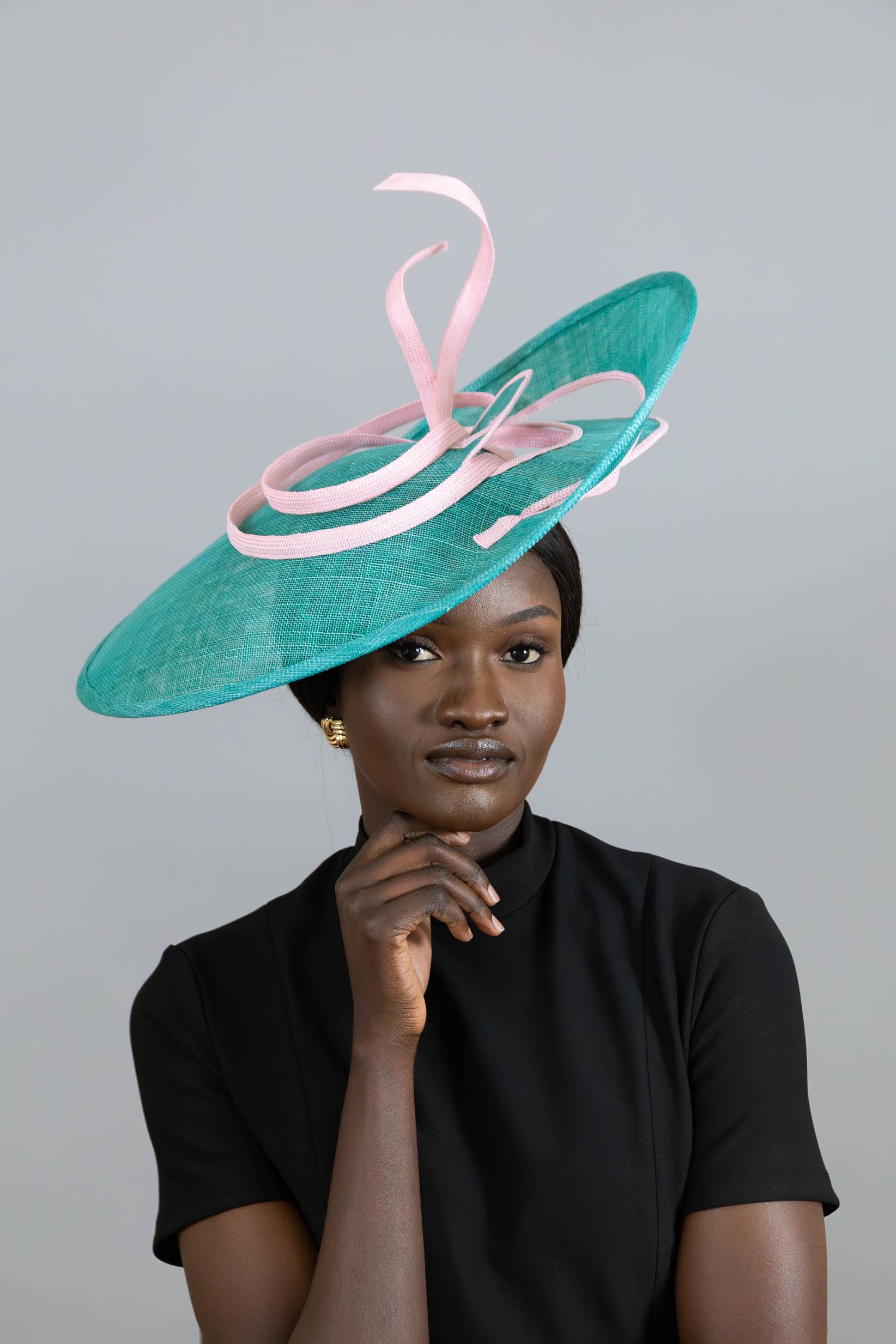 Sweeping Side Perforated Platter Hat in Green  and Baby Pink by Felicity Northeast Millinery