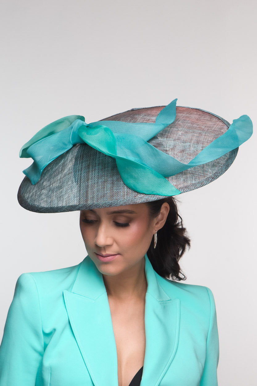 Teal Platter Hat with Organza Silk bow Trim by Felicity Northeast Millinery