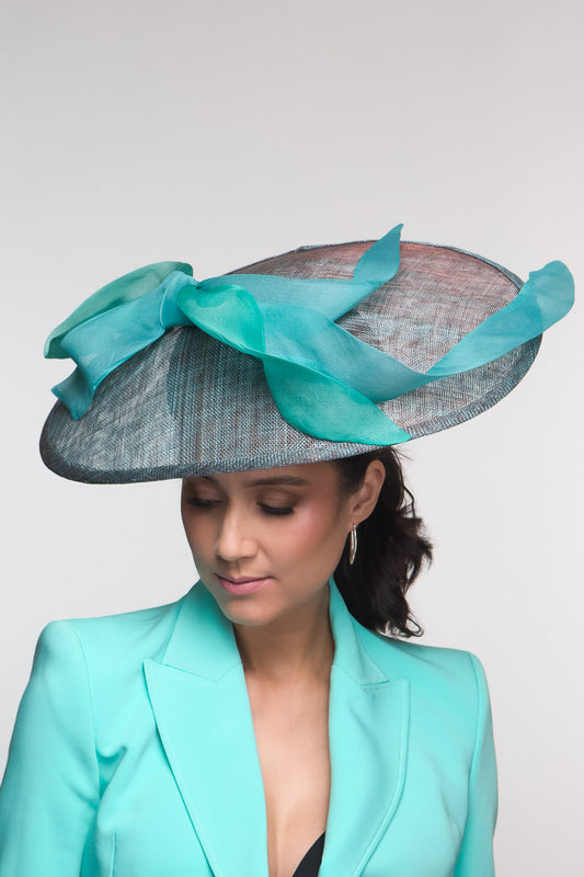 Teal Platter Hat with Organza Silk bow Trim by Felicity Northeast Millinery
