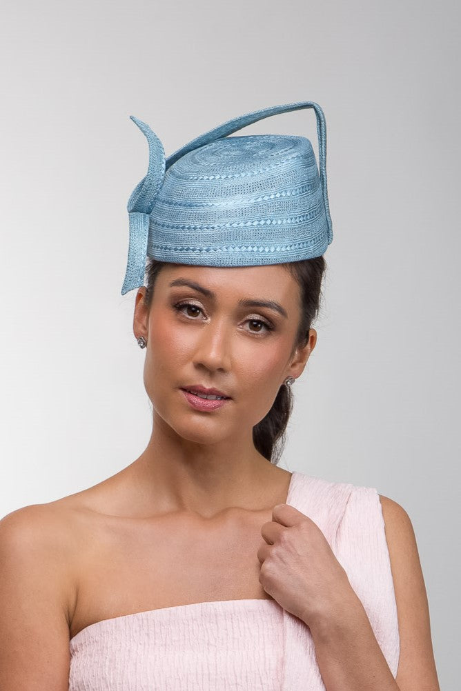 Textured Pale Blue Asymmetrical Pillbox by Felicity Northeast Millinery