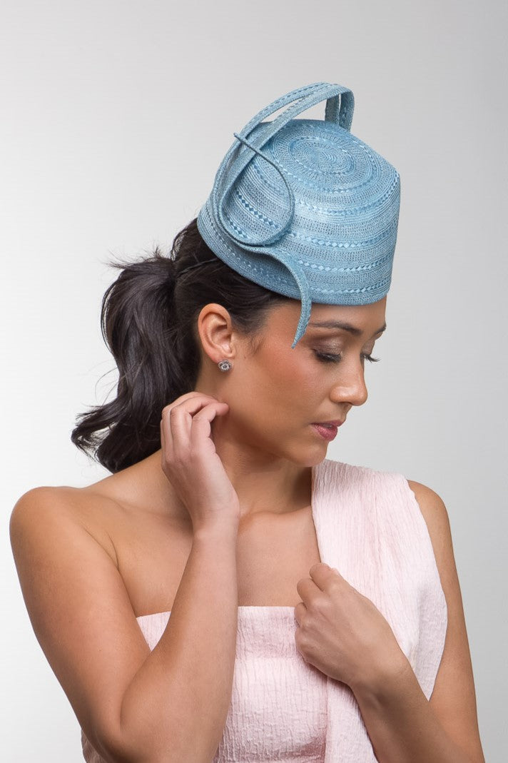 Textured Pale Blue Asymmetrical Pillbox by Felicity Northeast Millinery