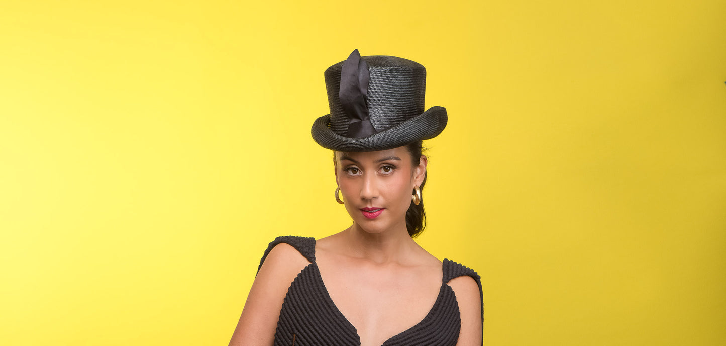 Timeless Black Top hat with Tie Trim By Felicity Northeast Millinery