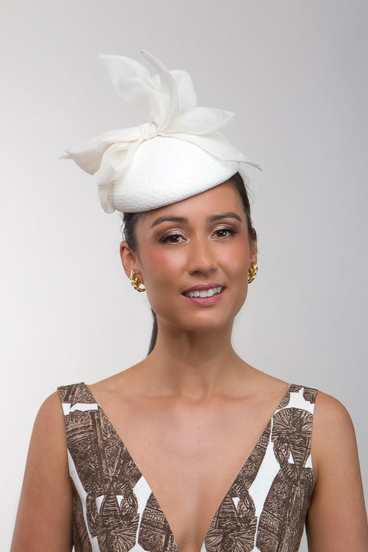White Raised Button with Silk Organza Bows Headband  by Felicity Northeast Millinery