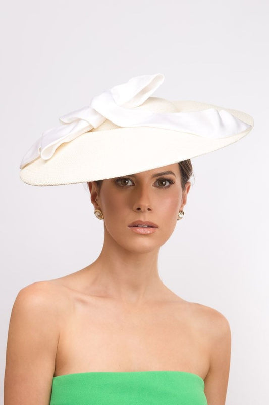 White Platter Hat with Silk Bow by Felicity Northeast Millinery