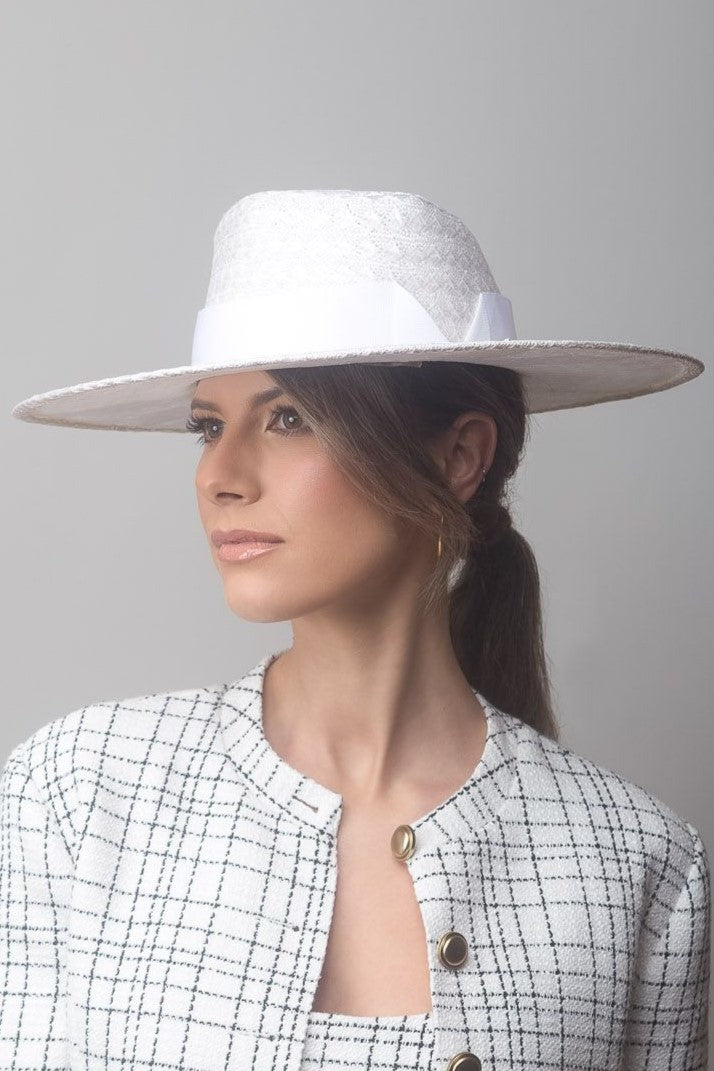 White Textured Wide Brimmed Hat By Felicity Northeast Millinery