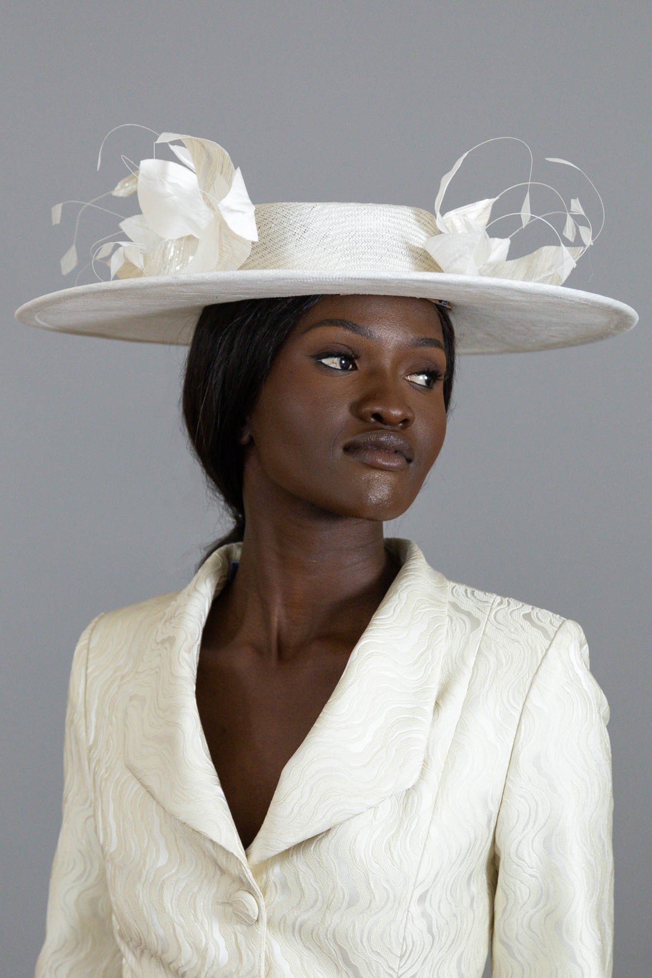 White and Silver Boater with Side Flowers By Felicity Northeast Millinery