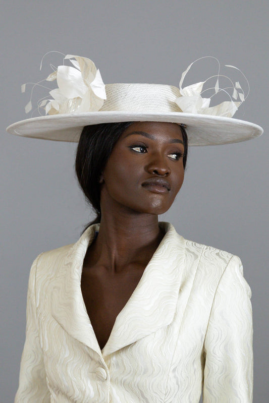 White and Silver Boater with Side Flowers By Felicity Northeast Millinery