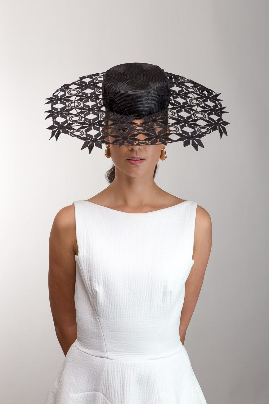 Wide Brimmed Black Lace Boater by Felicity Northeast Millinery
