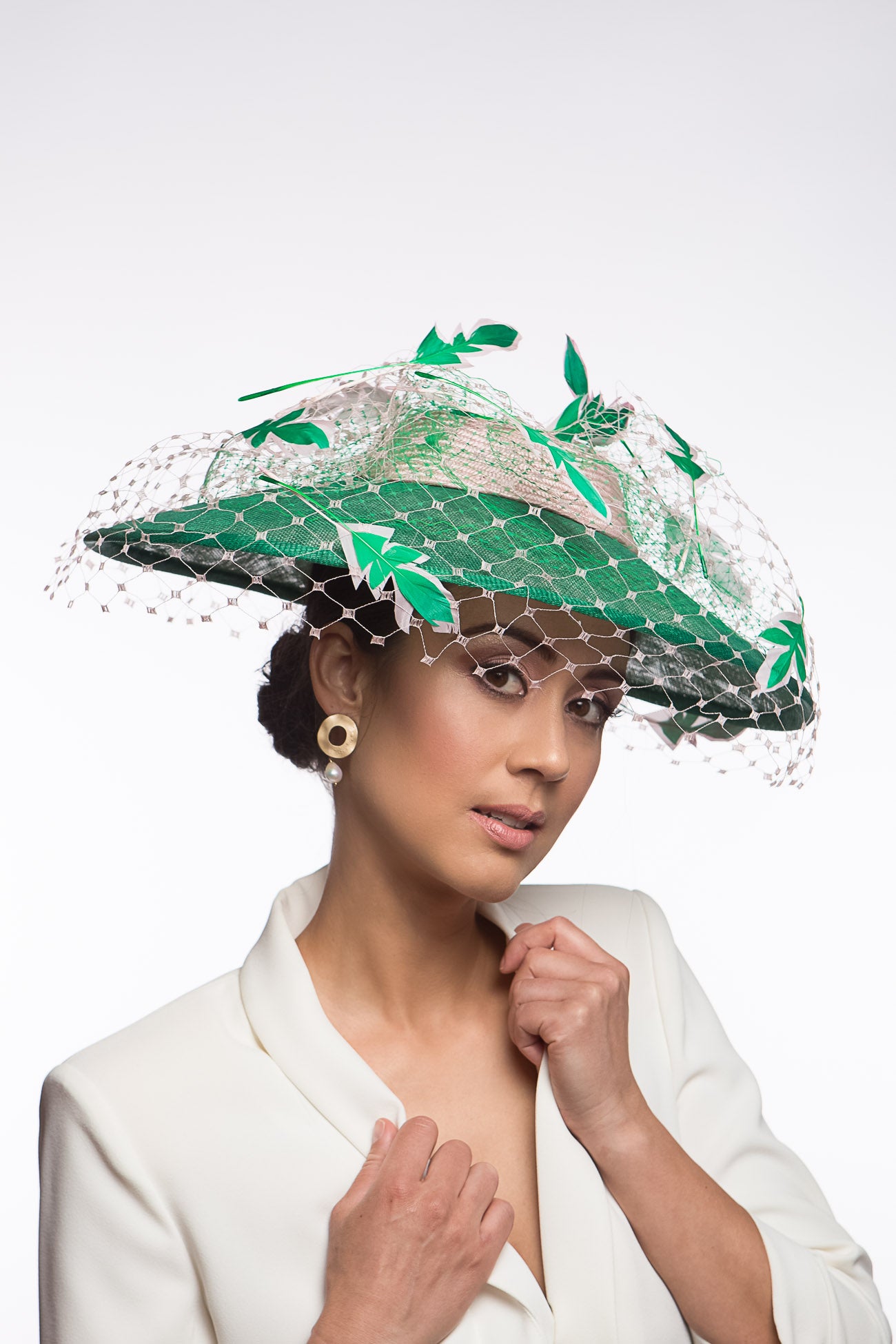 Wide Brimmed Hat with Feather Leaves in Greens and Pink by Felicity Northeast Millinery