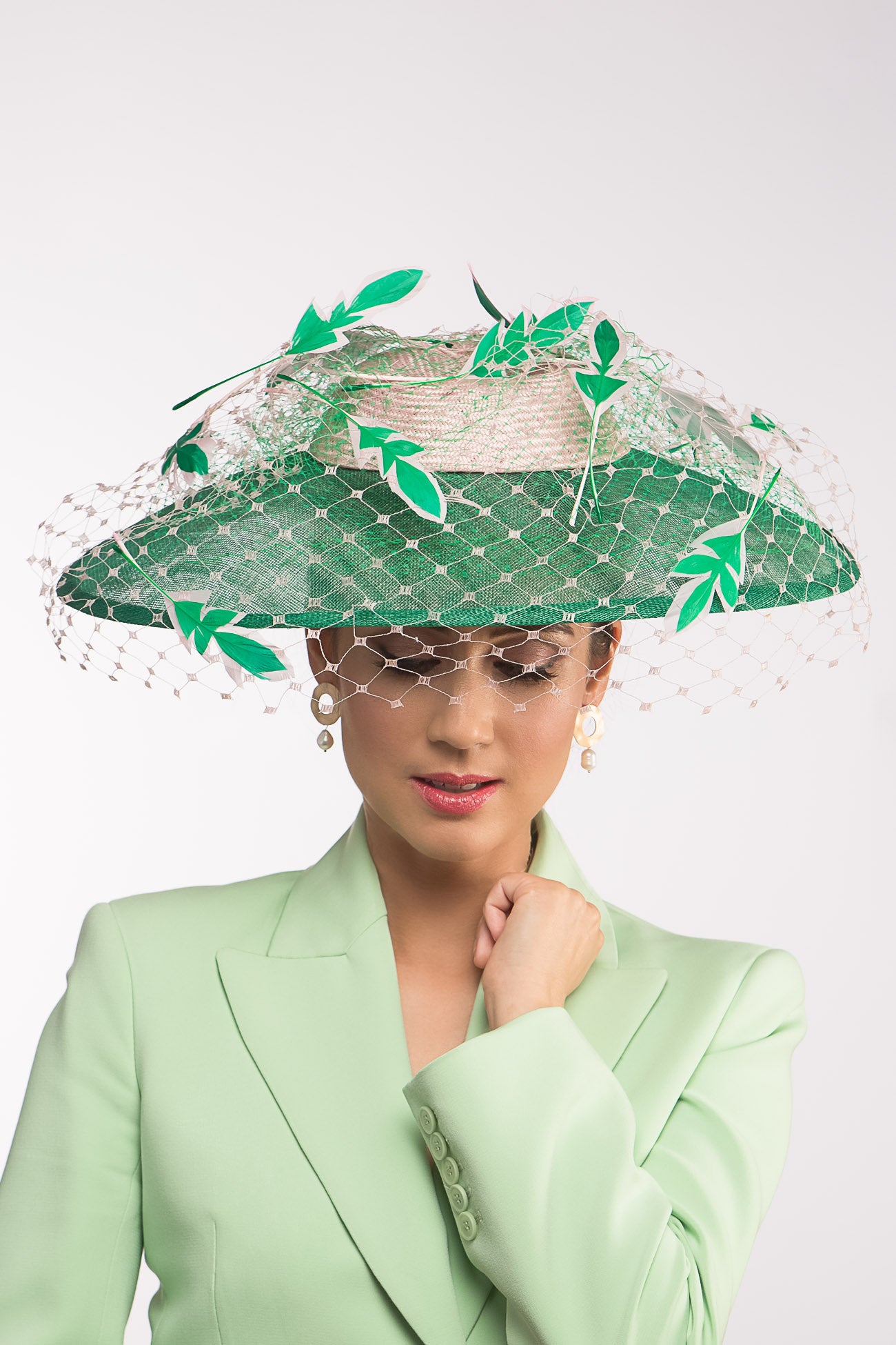 Wide Brimmed Hat with Feather Leaves in Greens and Pink by Felicity Northeast Millinery