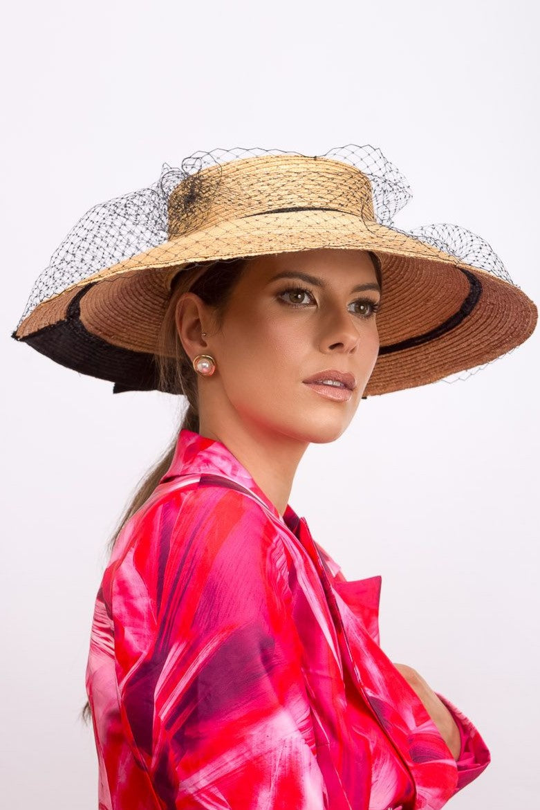 Wide Brimmed Natural Straw Hat with Black Trim Highlights By Felicity Northeast Millinery