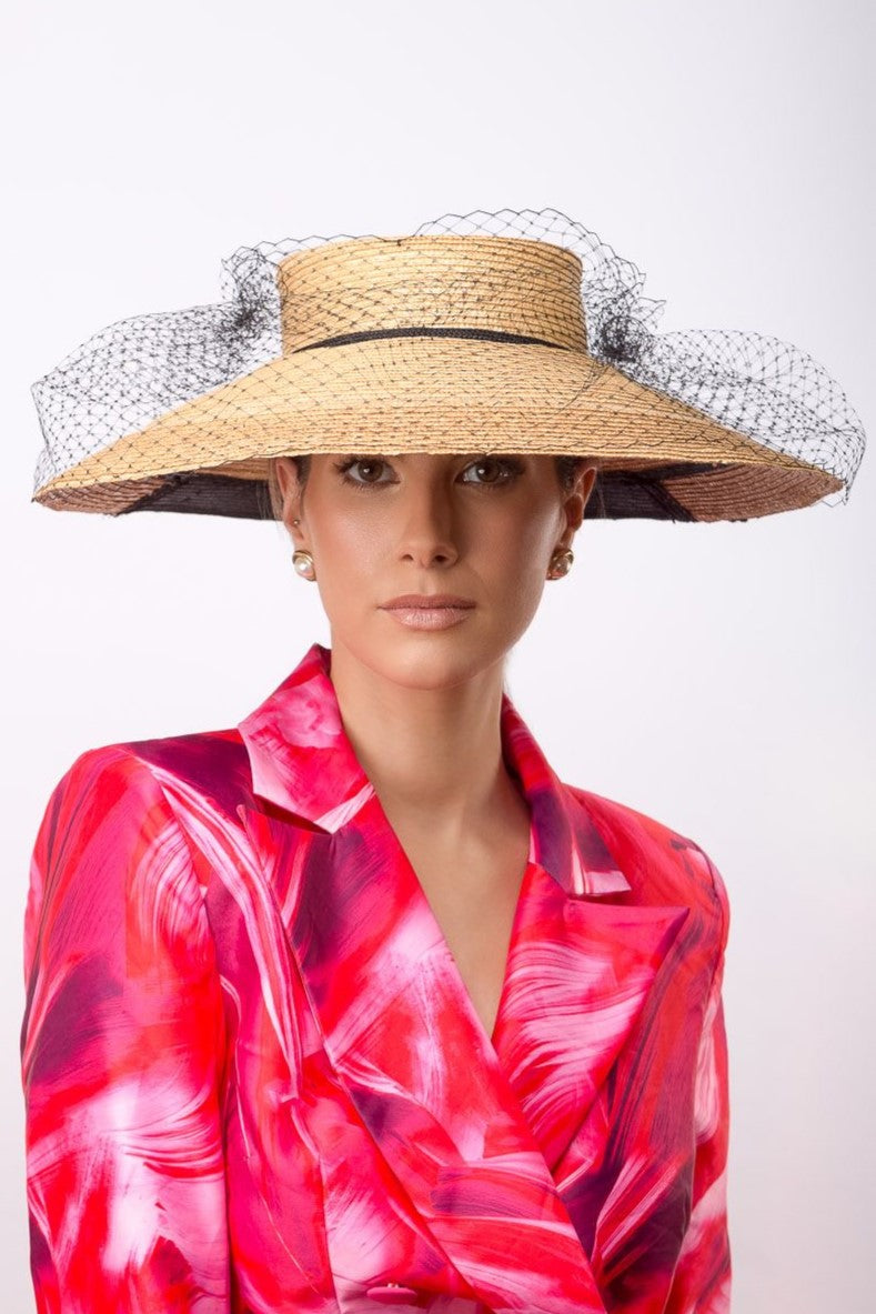 Wide Brimmed Natural Straw Hat with Black Trim Highlights By Felicity Northeast Millinery