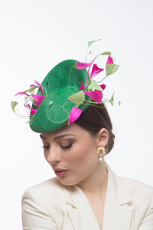 Green Raised Beret with Hot Pink & Green Feathers by Felicity Northeast Millinery