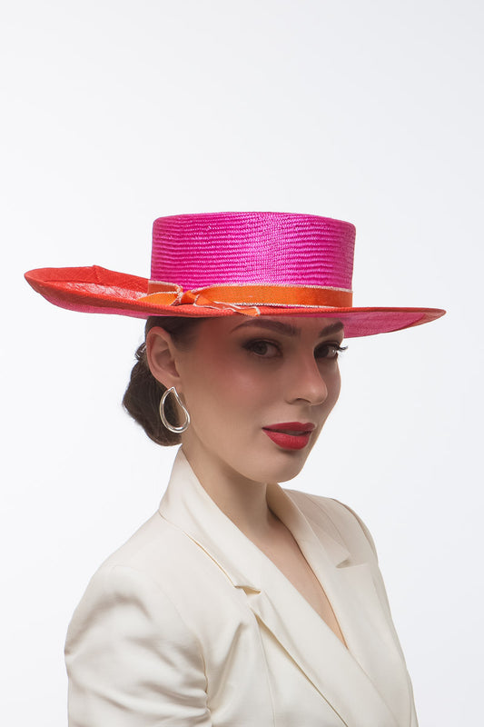 Hot Pink and Orange Boater by Felicity Northeast Millinery