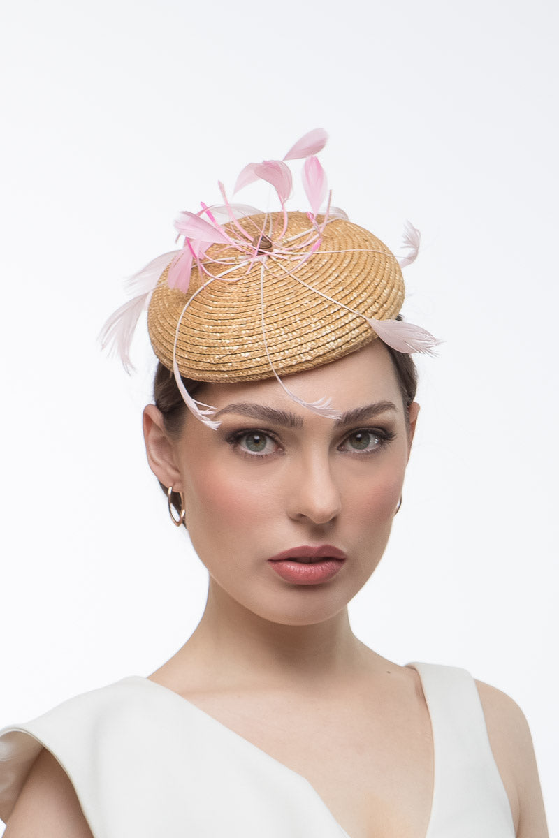 Straw Braid Cocktail Hat with Floating Feathers By Felicity Northeast Millinery