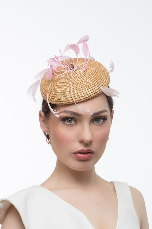 Straw Braid Cocktail Hat with Floating Feathers By Felicity Northeast Millinery
