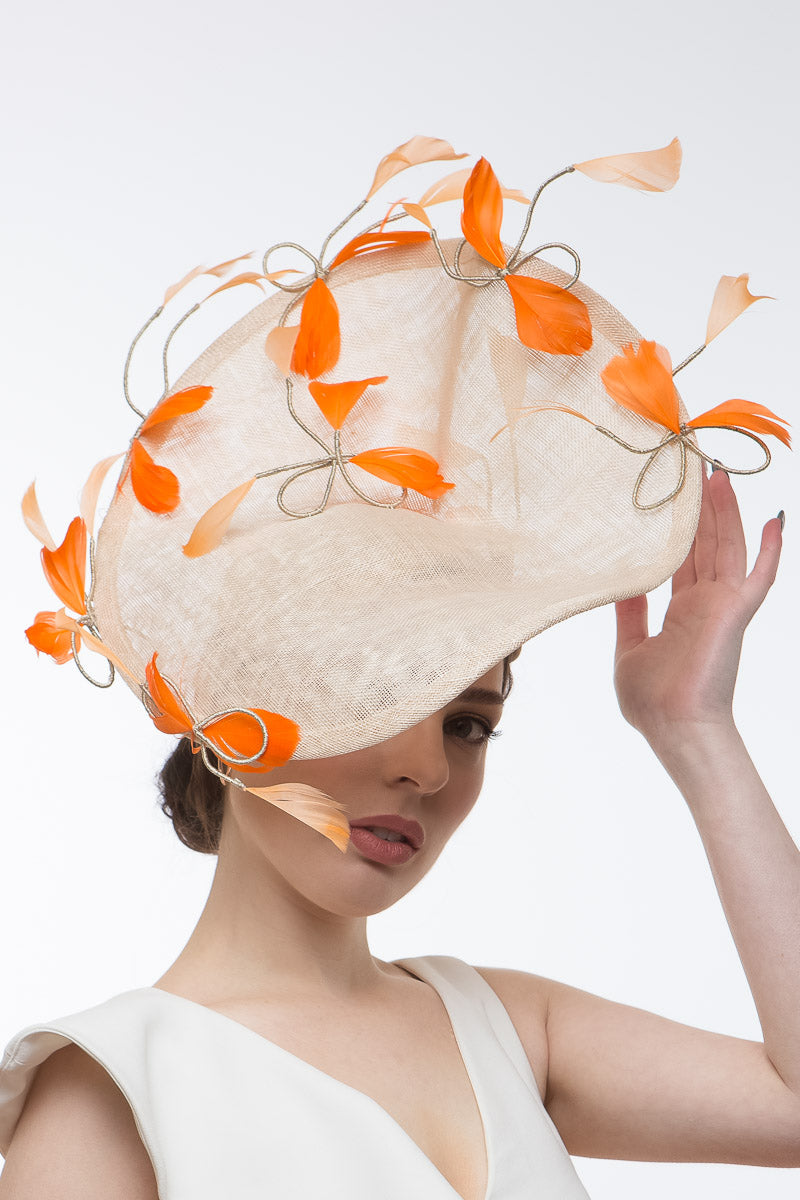 Sweeping Natural Platter with Orange Feathered Bows by Felicity Northeast Milliner