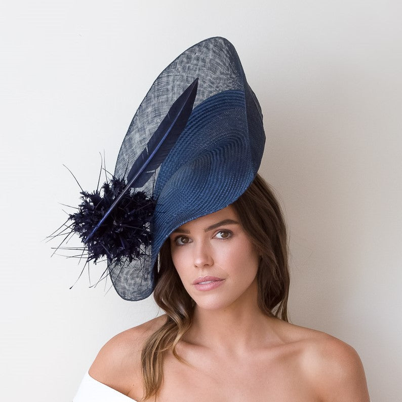 Navy Platter Hat With Feather Pom Pom by Felicity Northeast Millinery