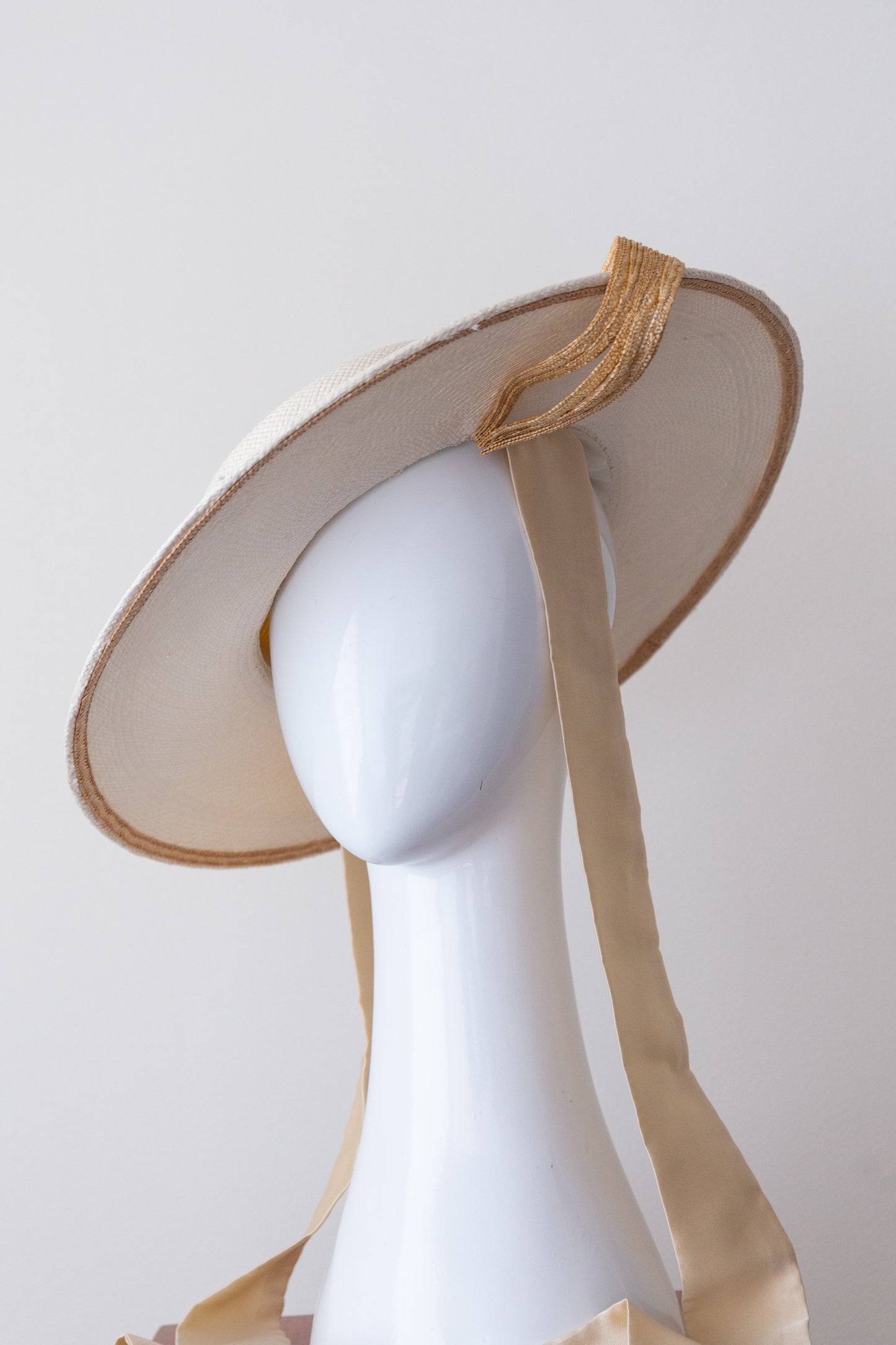 Off White Boater with Straw Swirls and Ties By Felicity Northeast Millinery