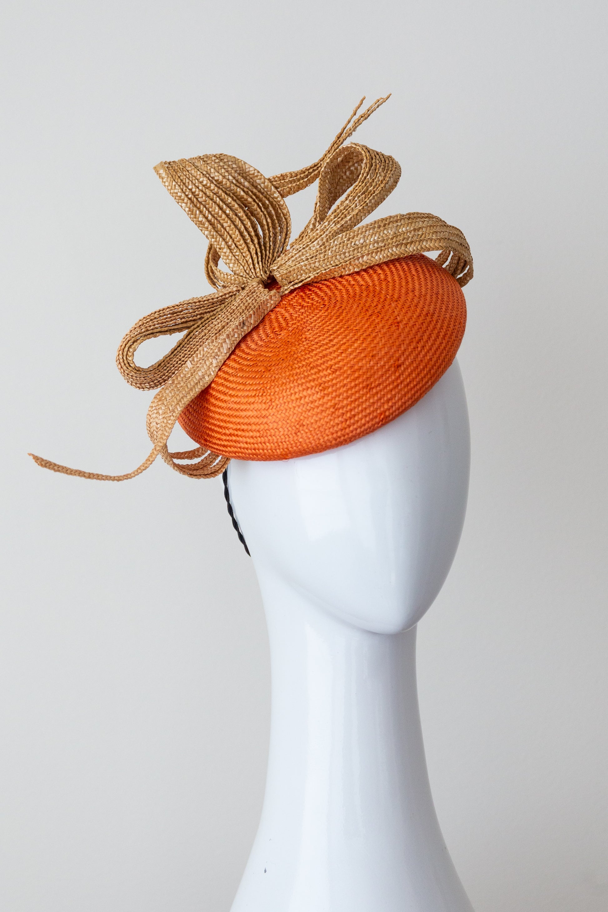 Orange Button Hat with Natural Straw Braid Bow By Felicity Northeast Millinery
