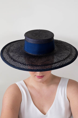 Boater Style Hat in Navy Open Weave Straw By Felicity Northeast Millinery