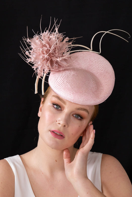 Pale Pink Raised Beret with feather Pom Pom by Felicity Northeast Millinery