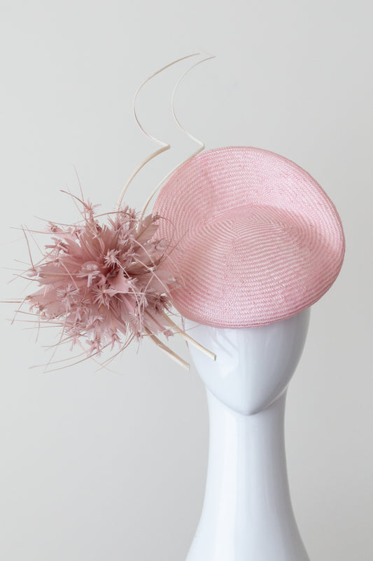 Pale Pink Raised Beret with feather Pom Pom by Felicity Northeast Millinery