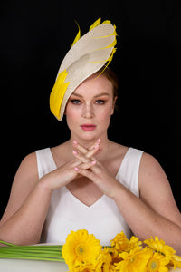 Ivory Natural Platter with Yellow Sculptured Feathers by Felicity Northeast Millinery