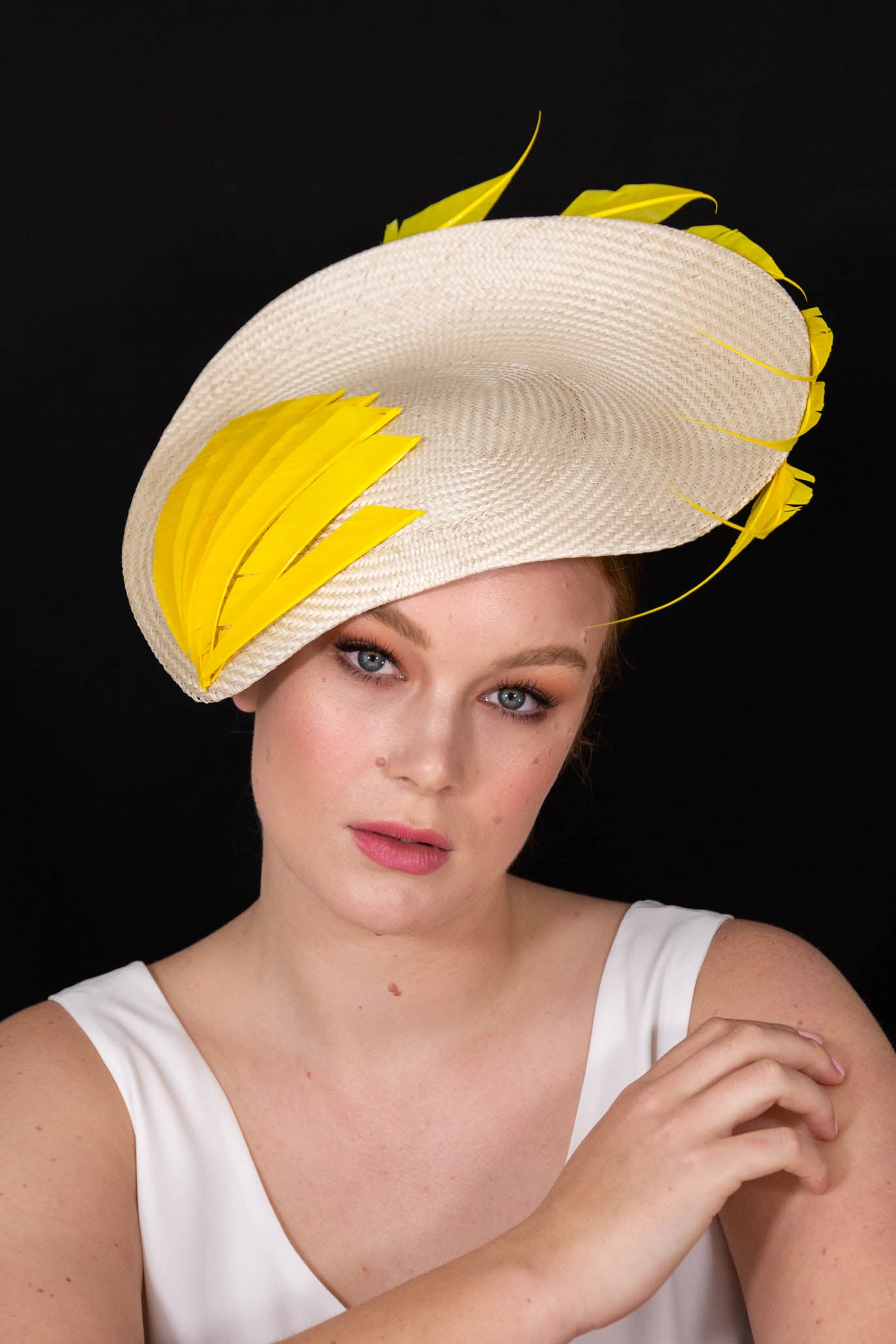 Ivory Natural Platter with Yellow Sculptured Feathers by Felicity Northeast Millinery