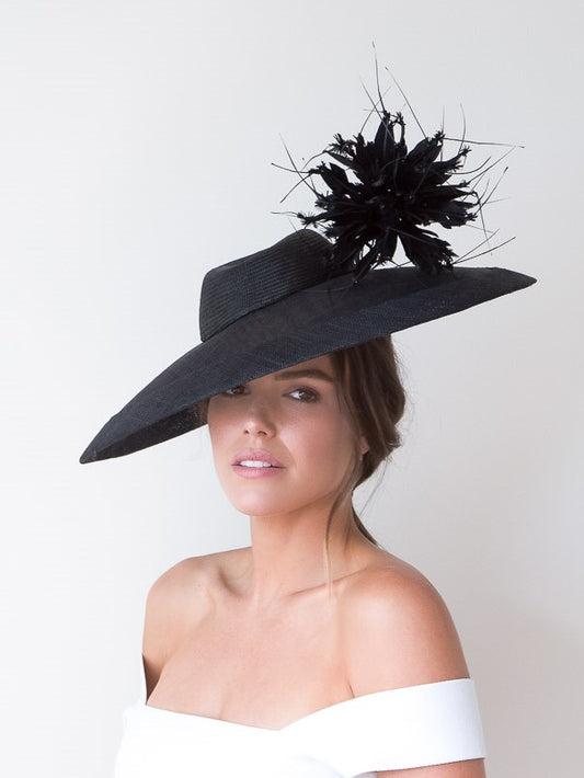 Wide Brimmed Black Hat with Feather Pom Pom by Felicity Northeast Millinery