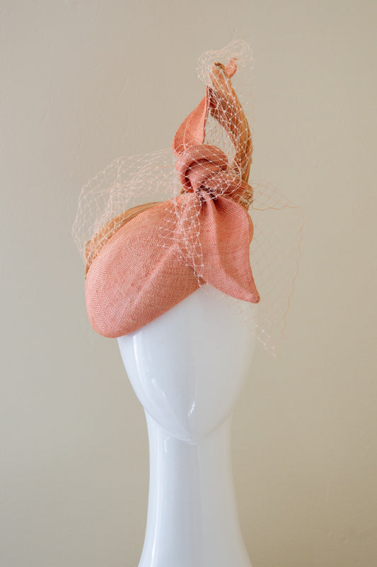 Peachy Bow Beret with Veiling by Felicity Northeast Millinery