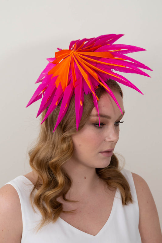 The Sculptured Feather Platter in  Hot Pink and Orange by Felicity Northeast Millinery