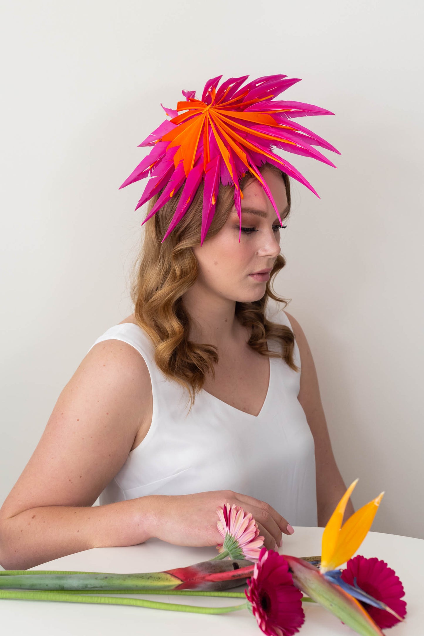 The Sculptured Feather Platter in Hot Pink and Orange by Felicity Northeast Millinery