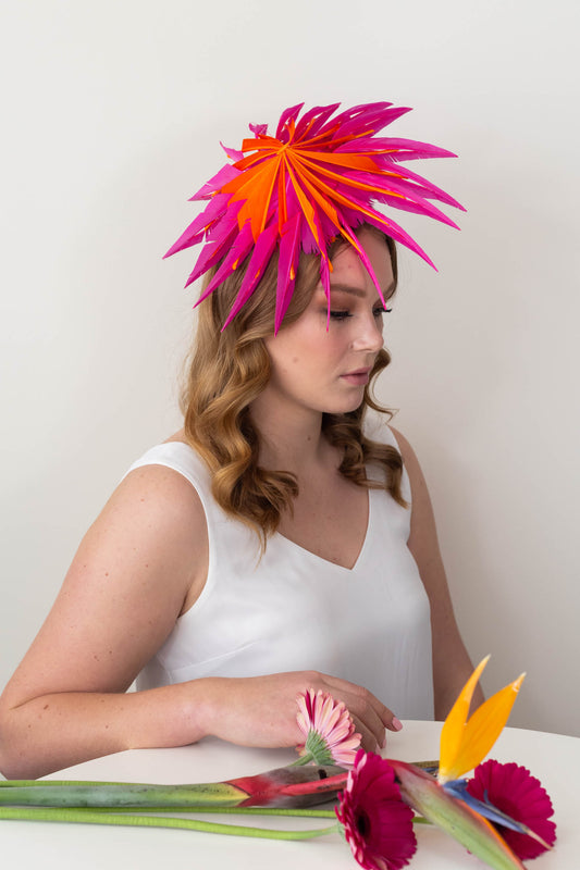 The Sculptured Feather Platter in  Hot Pink and Orange by Felicity Northeast Millinery