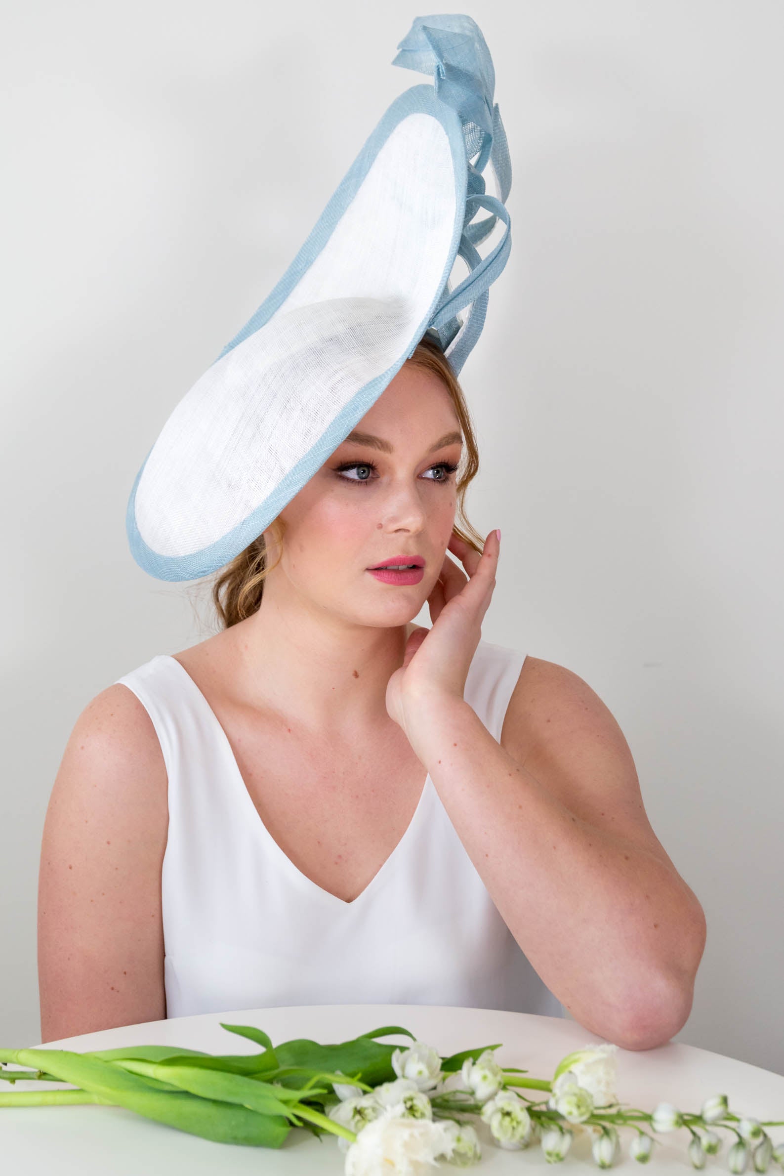 Sweeping Side Platter with Sinamay Twists in Blue & White by Felicity Northeast Millinery