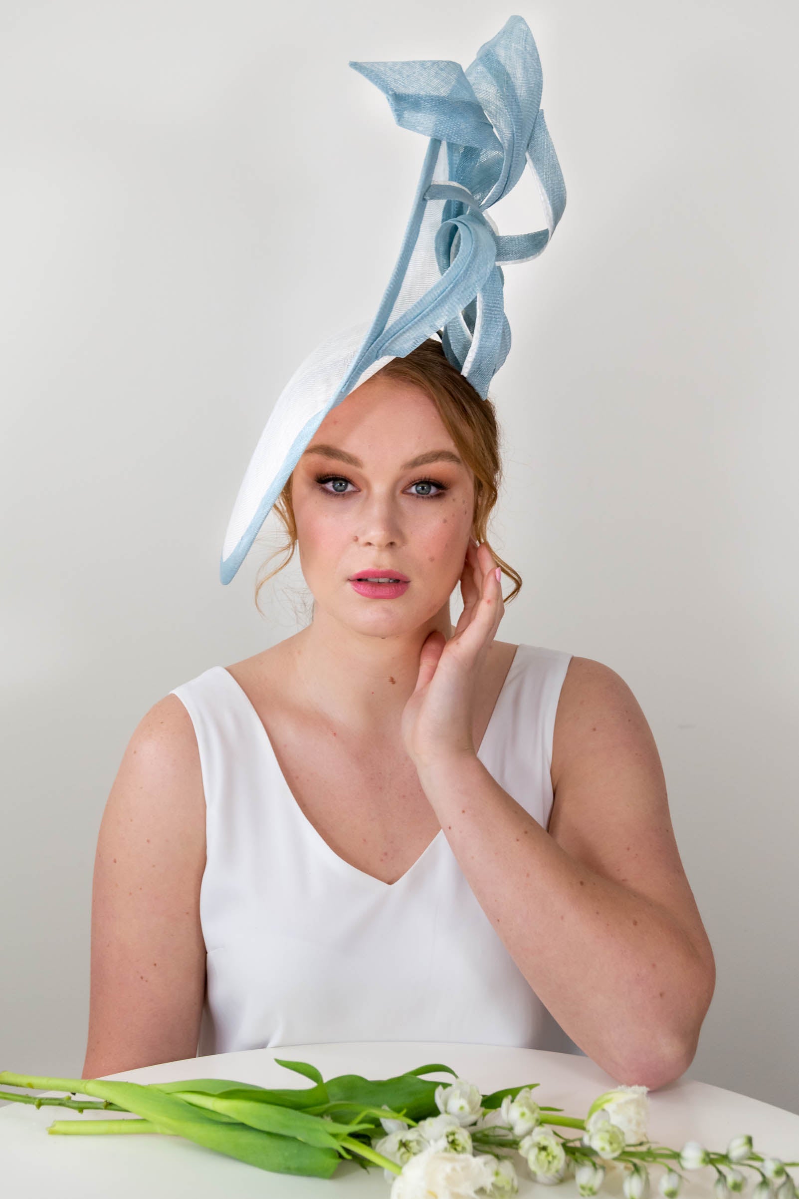 Sweeping Side Platter with Sinamay Twists in Blue & White by Felicity Northeast Millinery