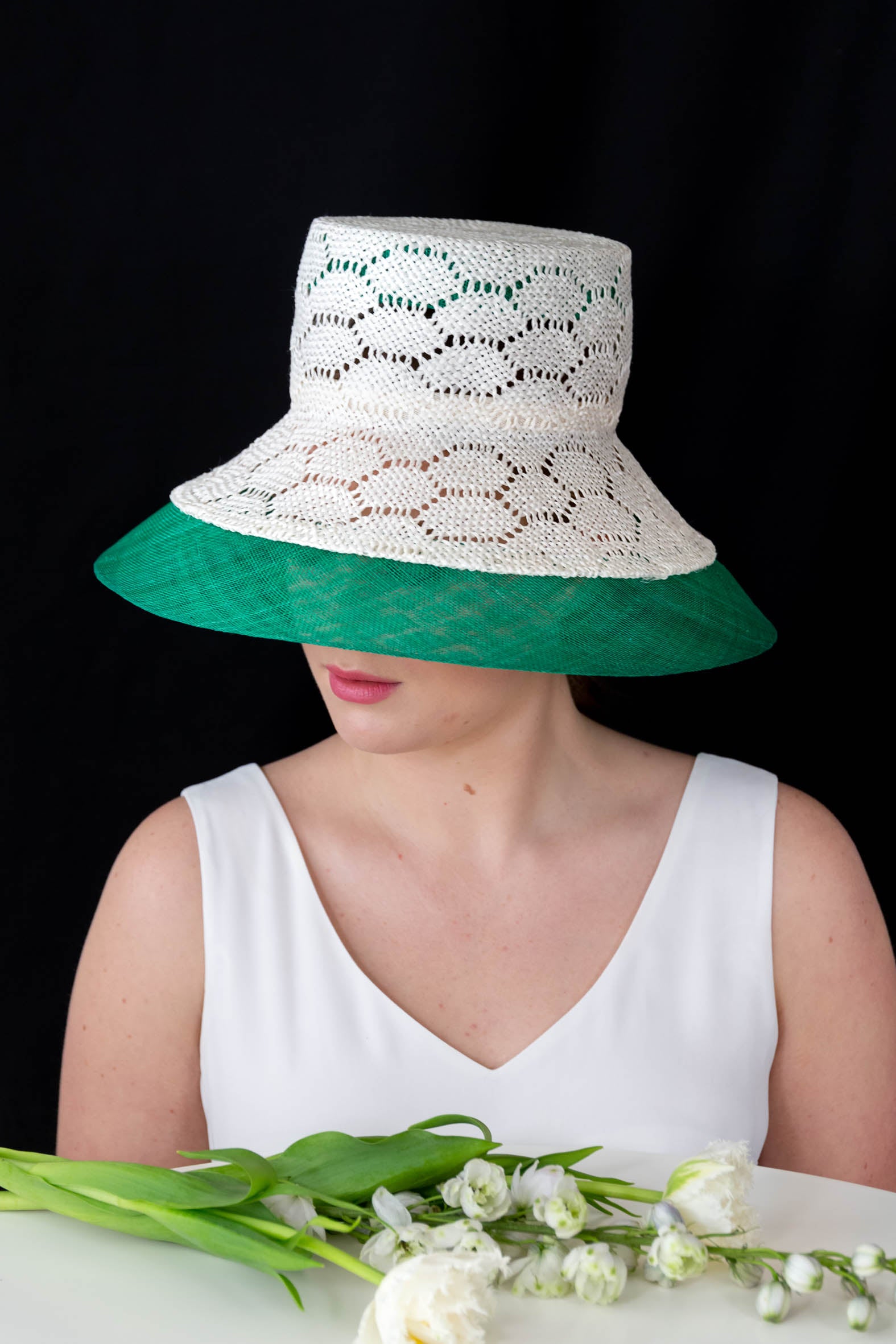 Two Toned Bucket Hat, in White and Green by Felicity Northeast Millinery
